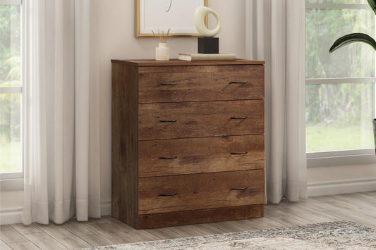 Four Drawer tall Dresser in Mountain Oak color sitting in a bedroom between two windows