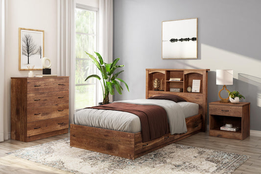 Wooden bedroom furniture set with bed, dresser, and nightstands in a room with decor elements.
