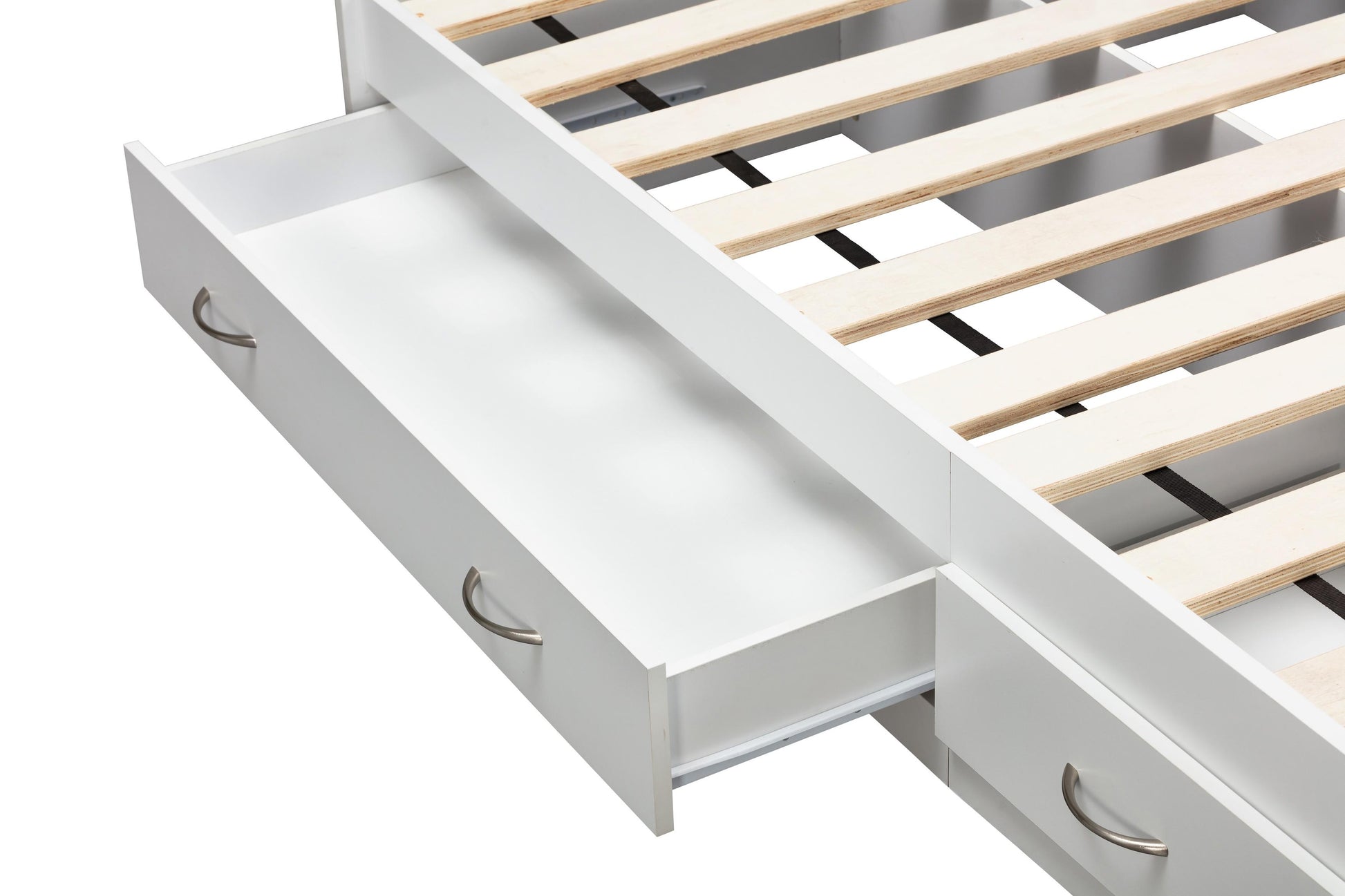 drawer detail on white platform storage bed