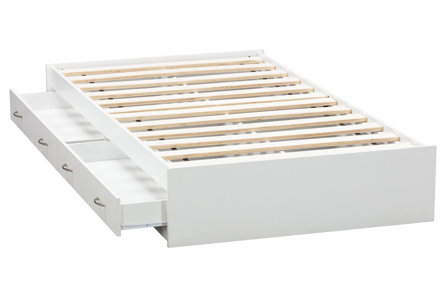 drawers pulled out on a white twin storage bed