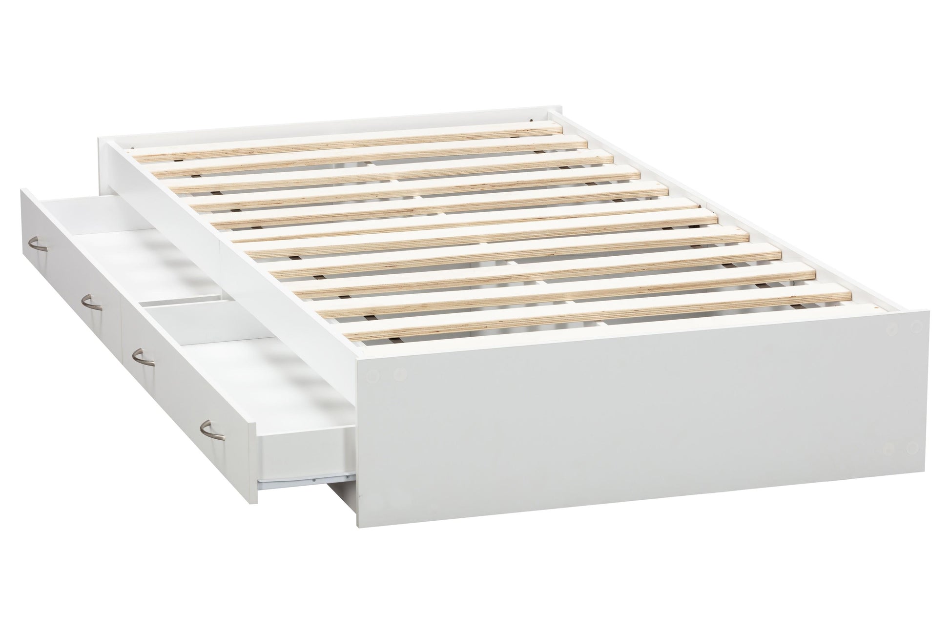 drawers pulled out on a white twin storage bed