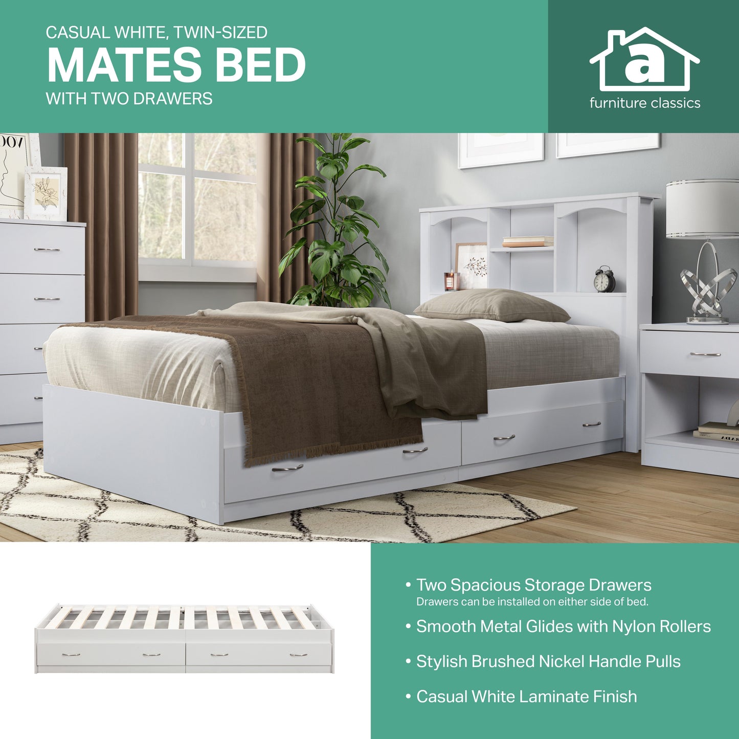 features listed on white bed