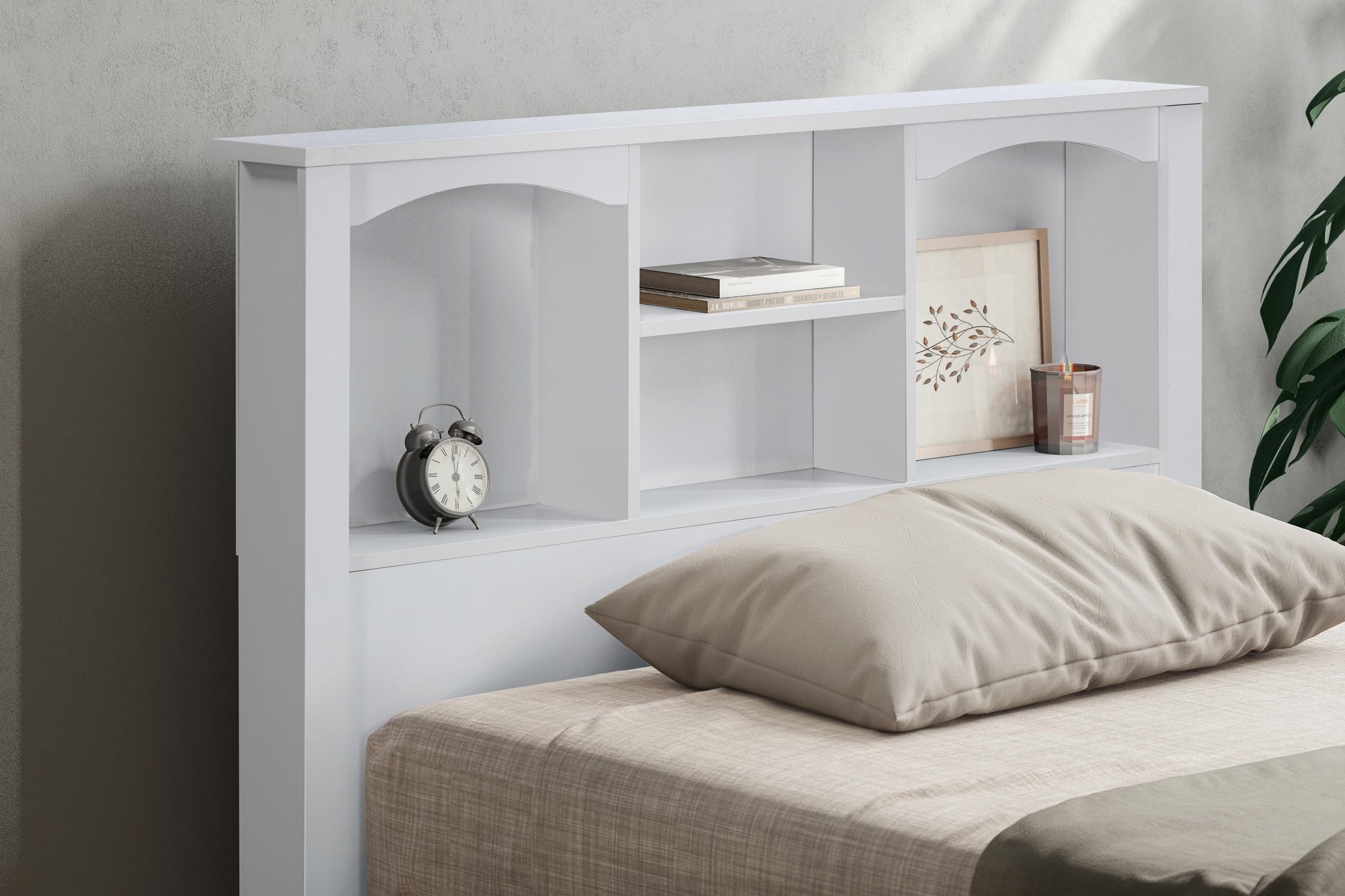white twin bed headboard with bookcase storage