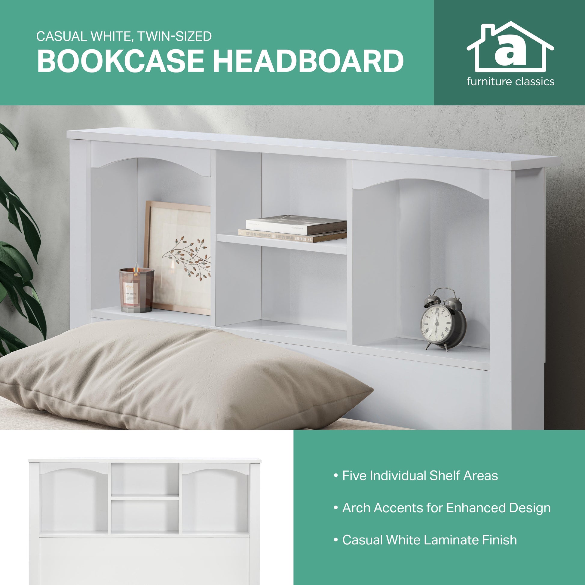 features of white bookcase headboard listed on an image of the headboard