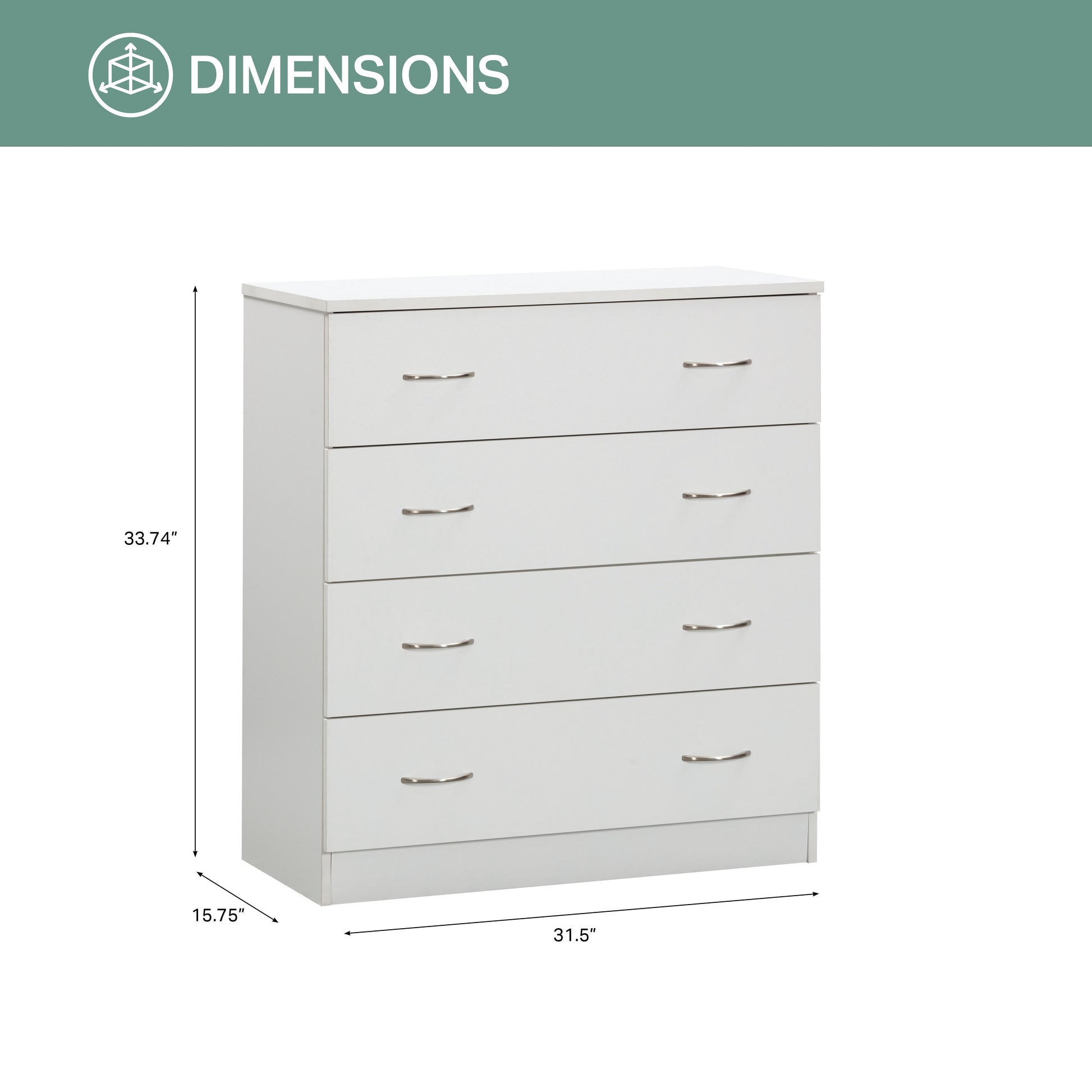 Shows dimensions of a white dresser as 33.74" tall 15.75" deep and 31.5" wide