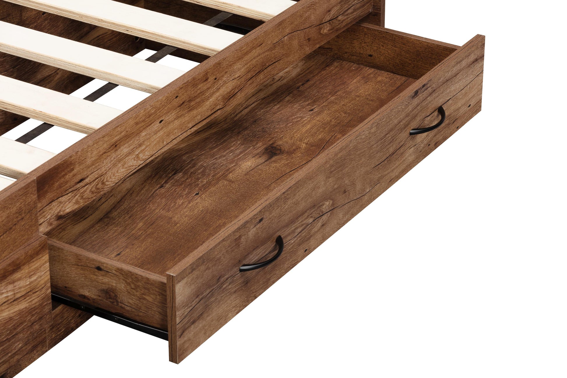 brown wood drawer pulled out on bed base