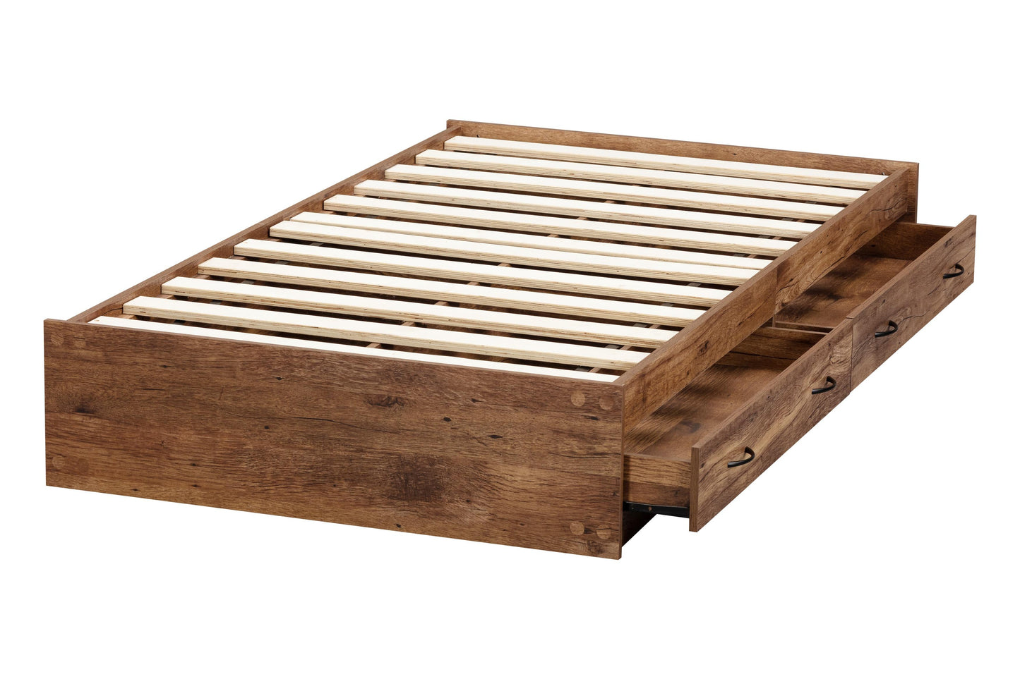 Drawers open on wood storage platform bed