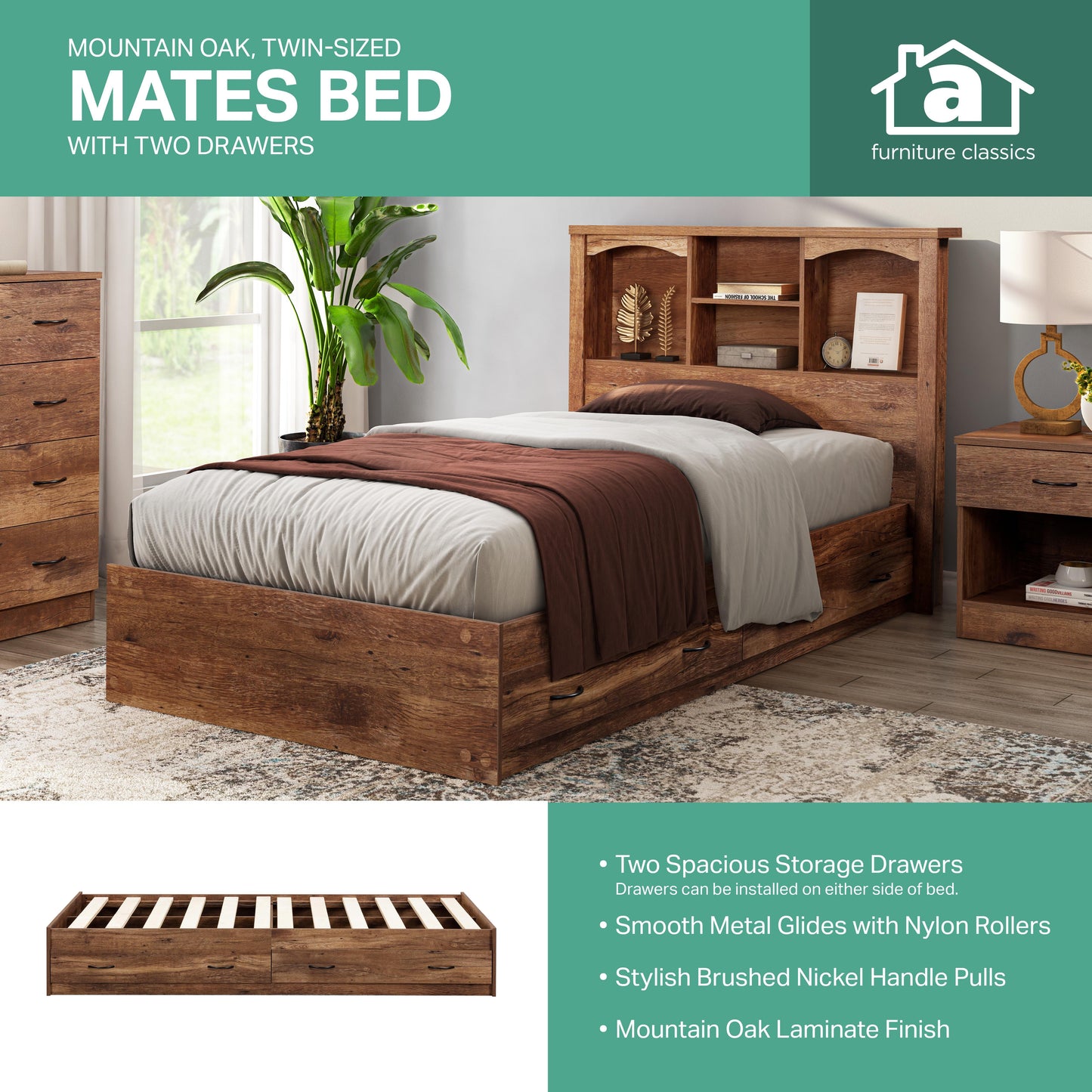 features listed on image of brown bed