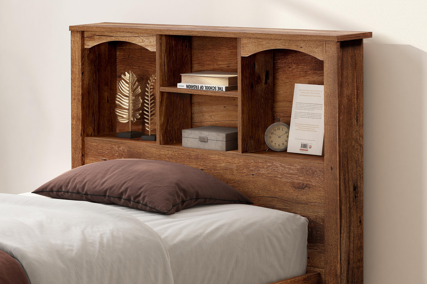 brown wood storage headboard on twin bed
