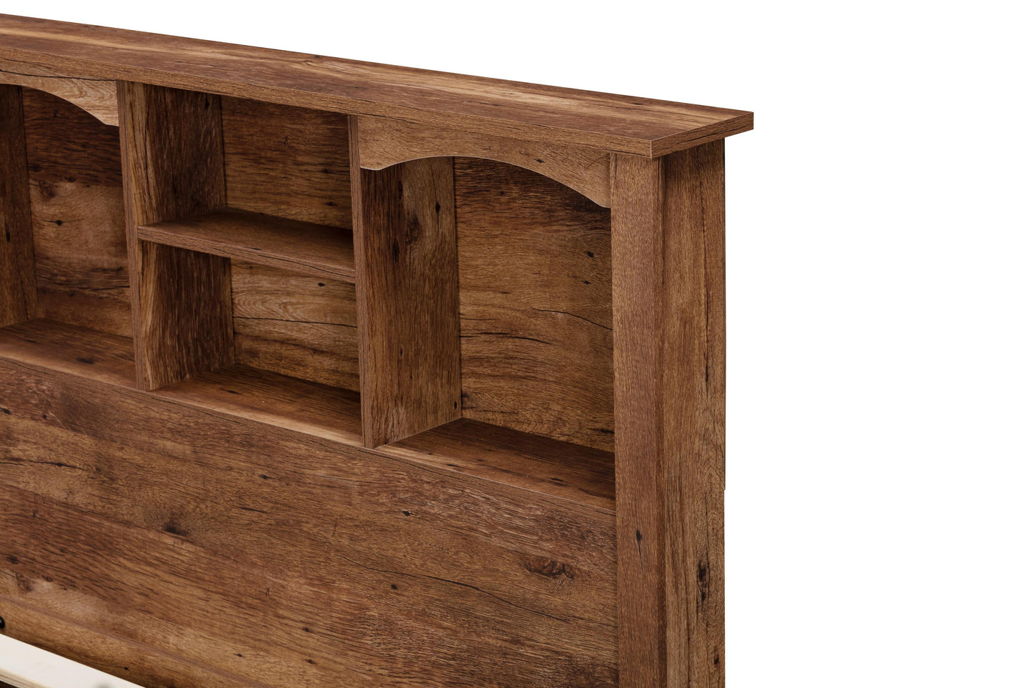 closeup of brown bookcase headboard on blank background