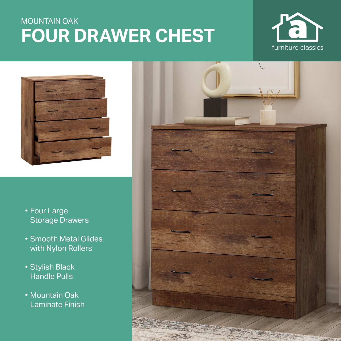 Brown dresser sales page giving description of 4 large drawers, smooth metal glides with nylon rollers, stylish black hand pulls, mountain oak laminate finish