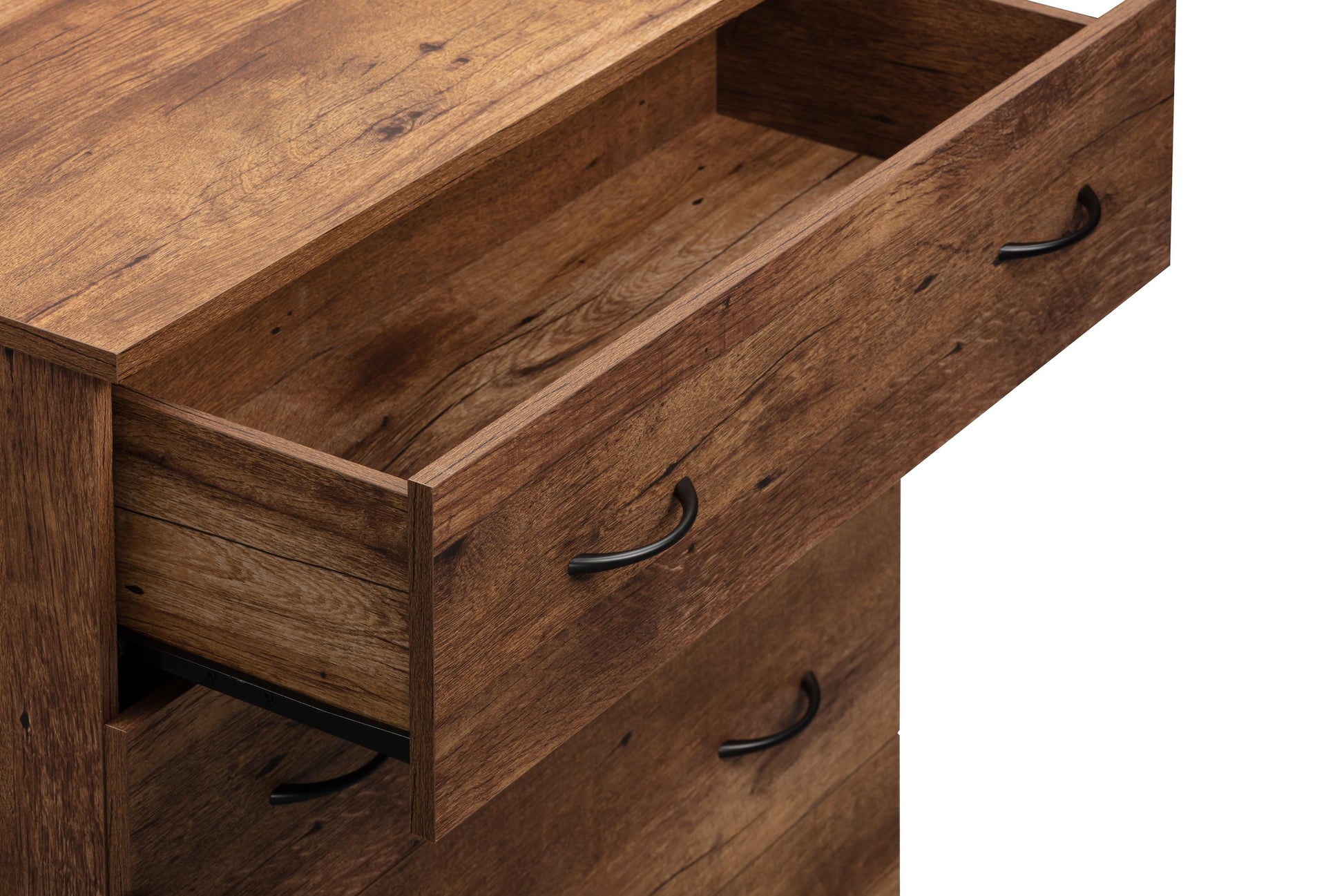 6007 dresser with top drawer open, black handles on white background