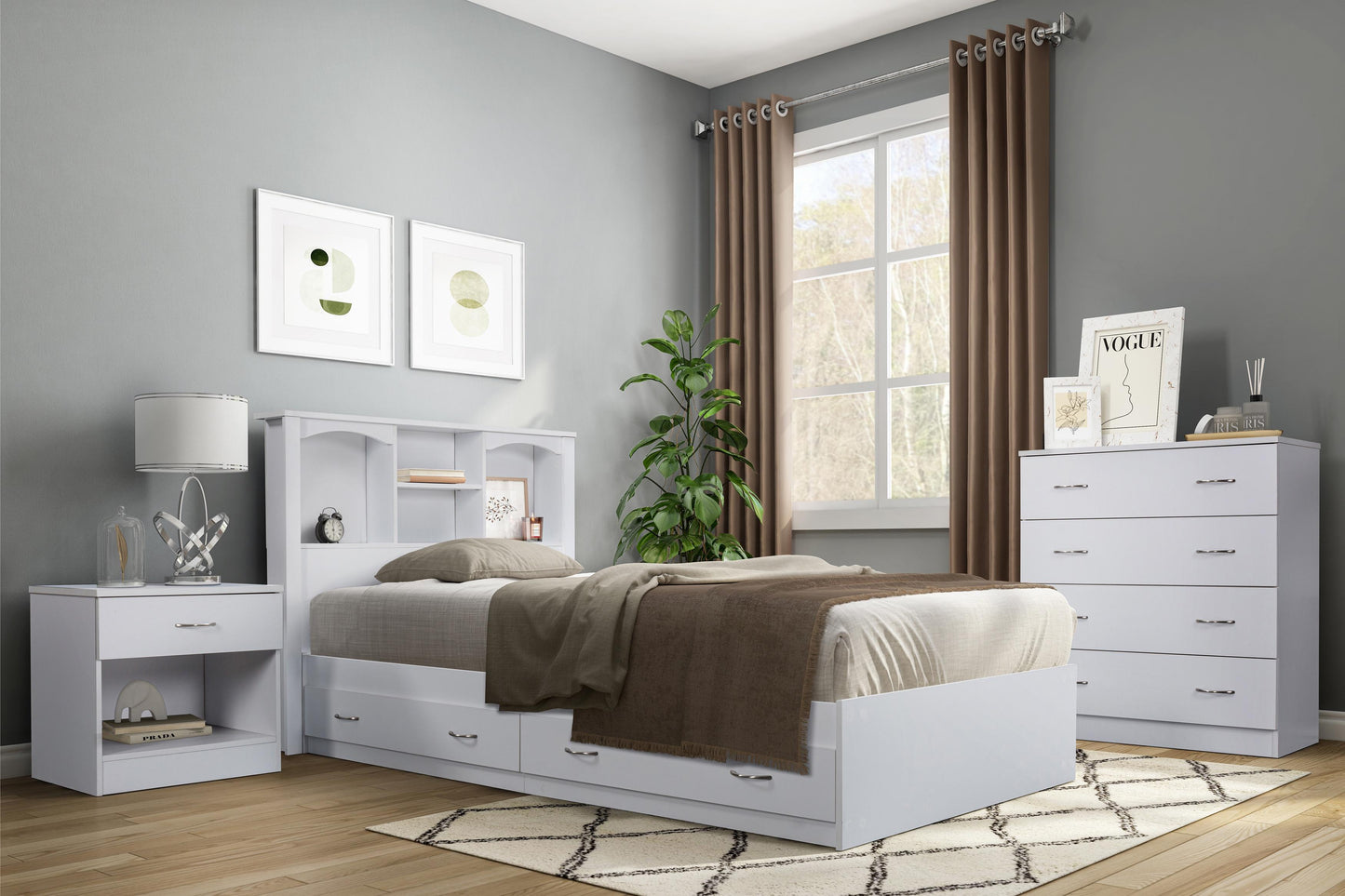 Modern bedroom with white furniture set including bed, nightstands, and dresser.