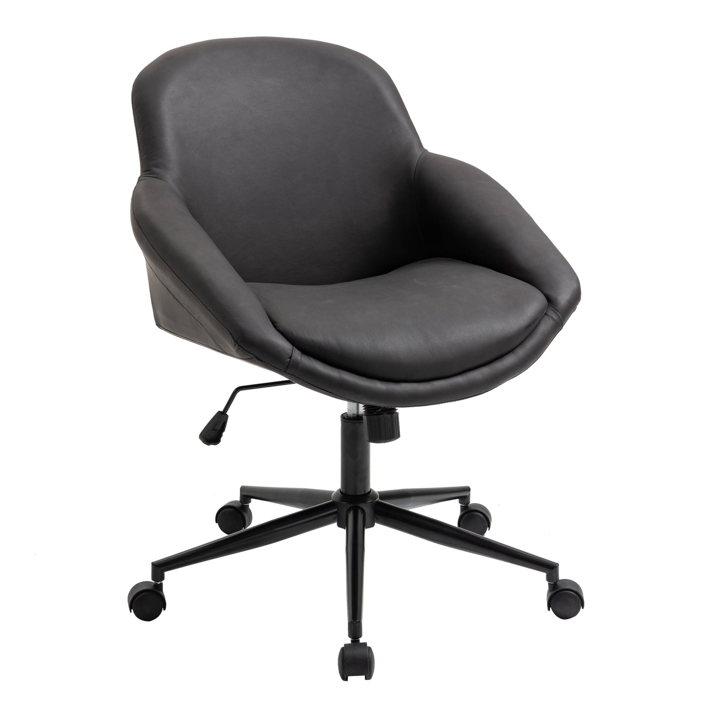 Black office chair with wheels on a white background
