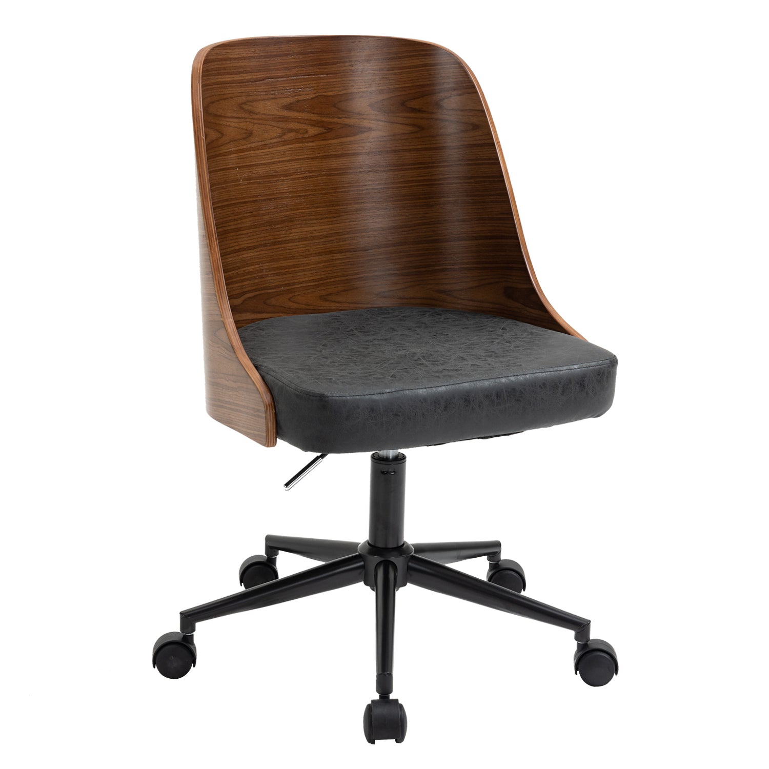 Wooden office chair with black seat and wheels on a white background