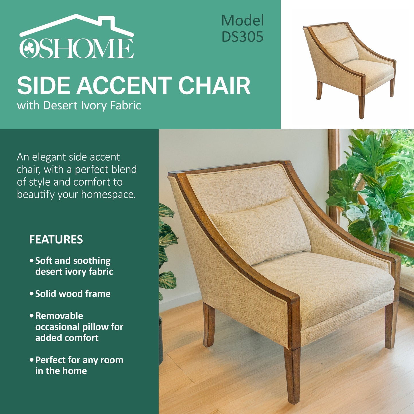 Features listed next to ivory armchair
